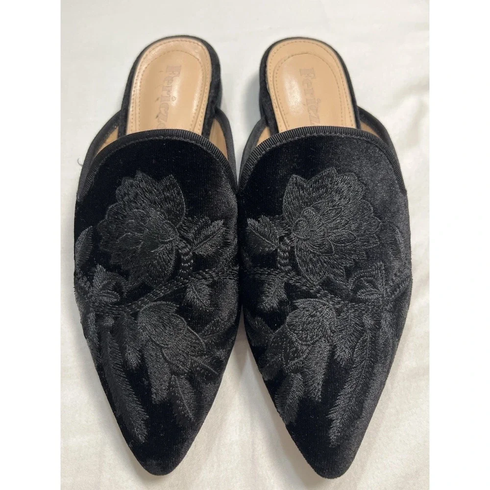 Fericzot Black Velvet Embroidered Mule Flats Pointed Toe‎ Slip On Floral Shoes 6